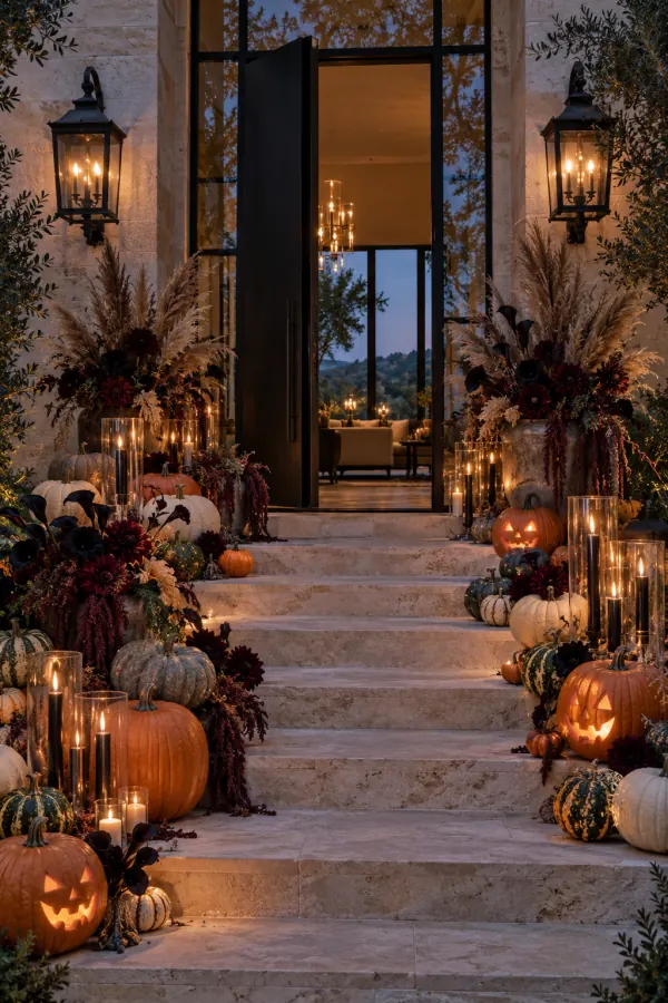 A limestone entry cascading with heirloom pumpkins and candles