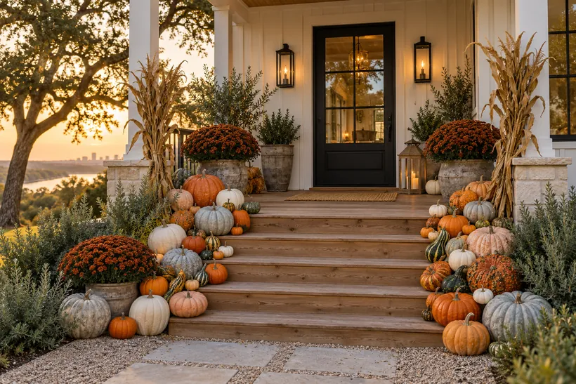 A white farmhouse porch with a cascade of heirloom pumpkins