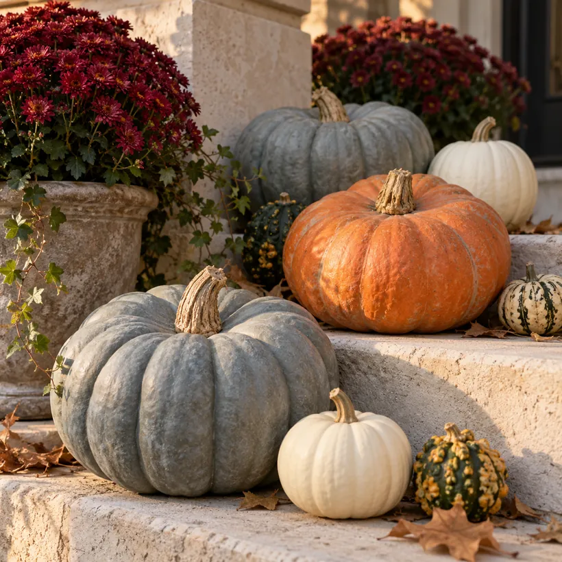 Heirloom pumpkins and mums on limestone steps