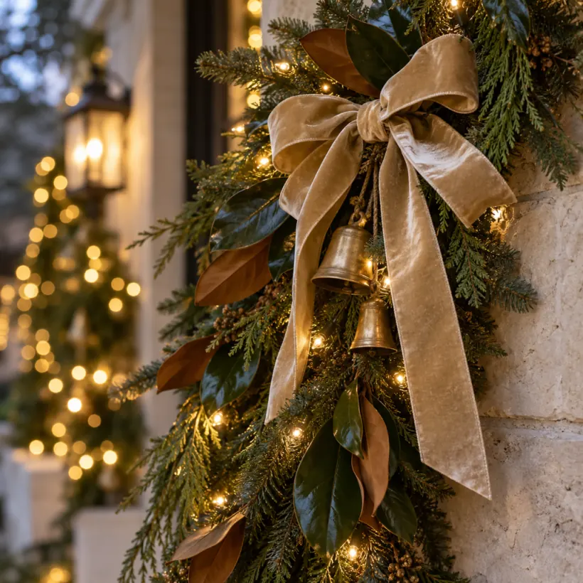 Magnolia and fir garland with a gold velvet bow