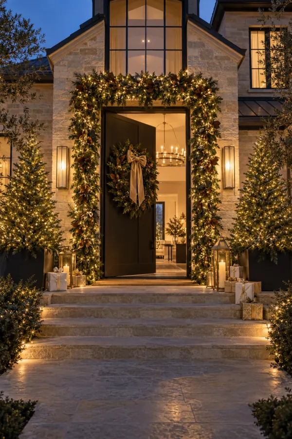 A limestone entry with lit garland, wreath and two lit trees